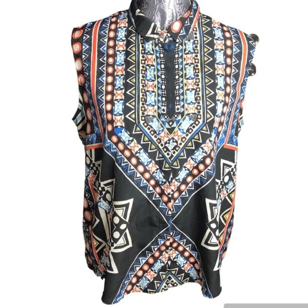 Mossimo sleeveless native print black button up‎ blouse Large